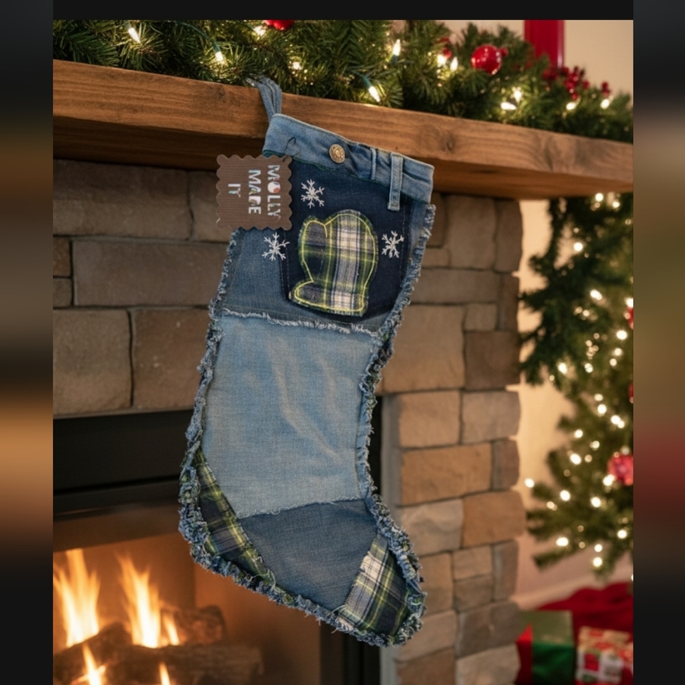 Upcycled Christmas Stocking Hand Crafted Plaid Mitten  & Trim, Blue Jean Denim